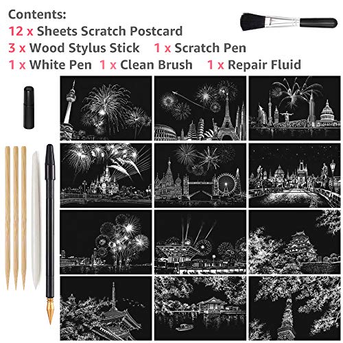Magic Scratch Art Paper, Mini Envelope Postcard, Rainbow Night View Scratchboard For Adults And Kids, Art & Crafts Set: 12Sheets Scratch Cards & 7 Tools Drawing Pen, Clean Brush (Colorful Fireworks) #TOP2