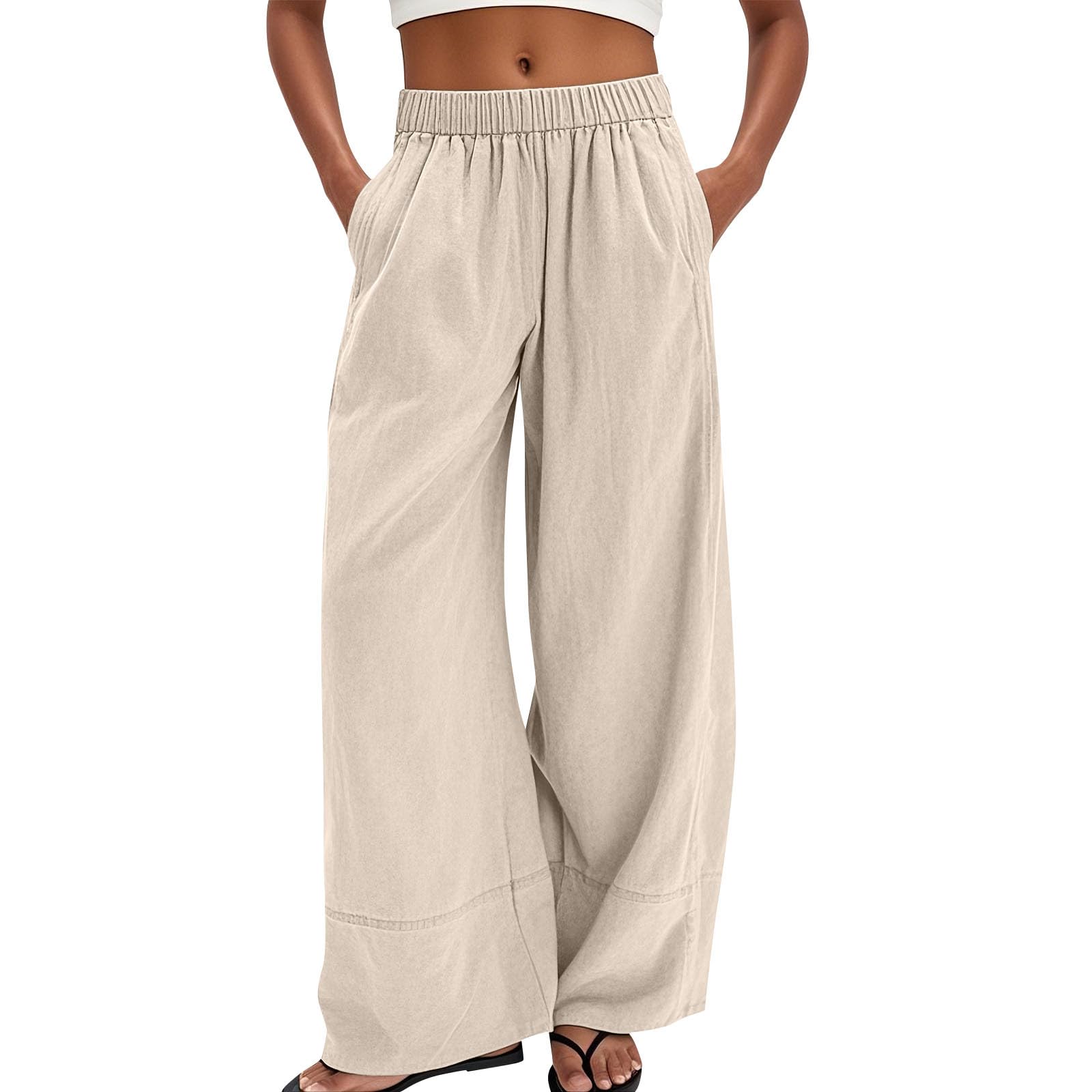 Linen Pants for Women Elastic Waist Baggy Dressy Palazzo Office Pants Casual Lightweight Wide Leg Trousers with Pockets Loose Comfort Gauze Vacation Beach Pant Plus Size Ladies Work Summer Pant