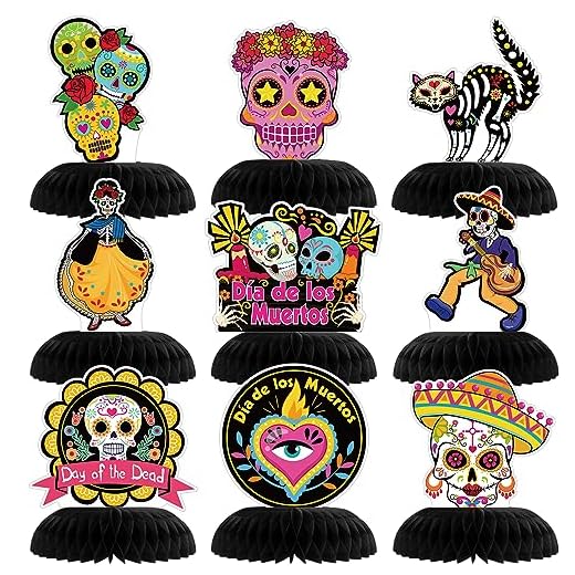 DPKOW 9pcs Día de los Muertos de Centro de Mesa de Panal de Abeja, Mexicana Calavera de Centro de Mesa Nido de Abeja para Día de los Muertos Decoraciones Adorno de Mesa para Halloween Mexicano