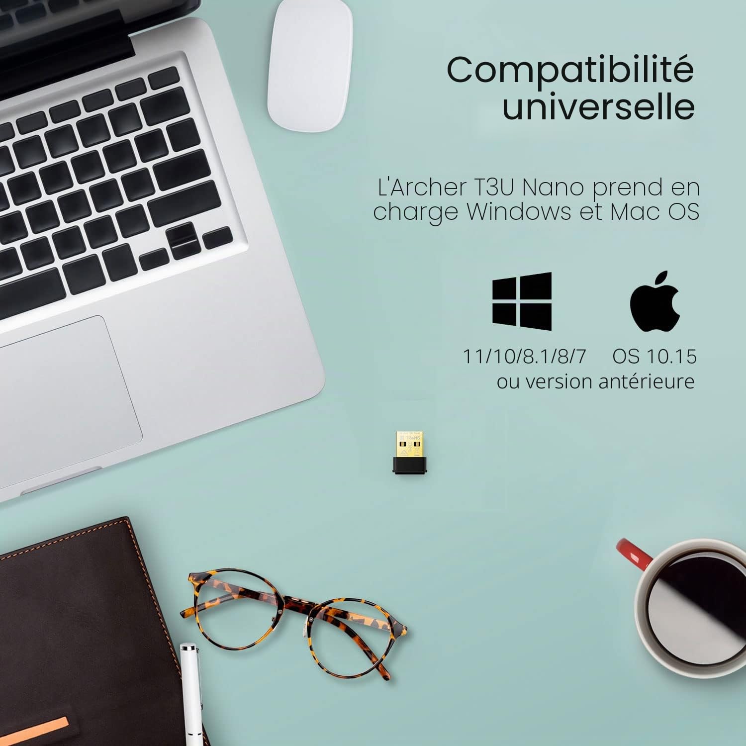 TPLink Adaptateur WiFi Nano USB Archer T3U Nano AC1300 Double Bande 2,4 GHz 5 GHz PC Bureau Voyage Compatible Windows 11 10 8.1