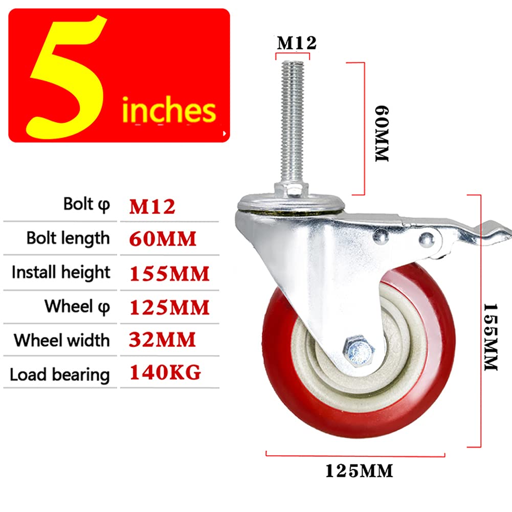 Ruote girevoli M12 x 60 mm con filettatura lunga, 3, 4, 5 ruote per ponteggi resistenti, 500 kg, silenziose, con freno, girevoli, per mobili, carrelli da trasporto industriali, banco da lavoro, 4 pezz