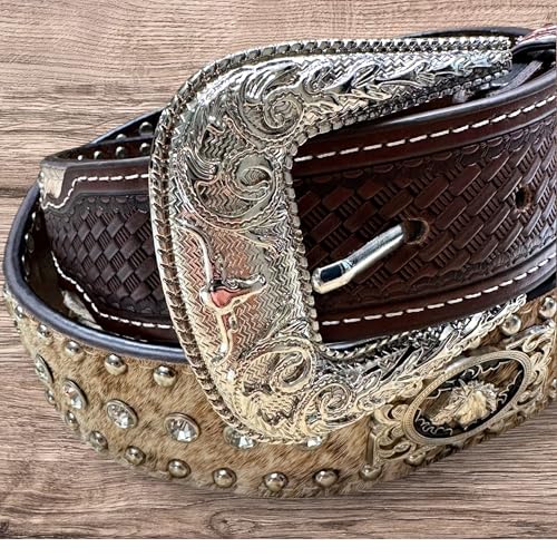 Leather Western Belts For Men Horse Concho Cow Hair High End Tooled Rivet Gem Mens Belt3