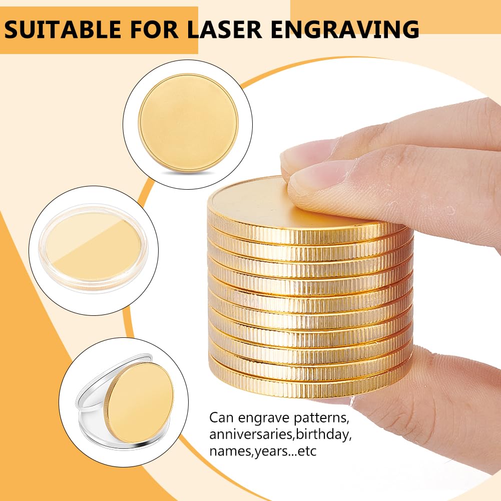 WEBEEDY 20 pezzi Blank Challenge Coin Incisione Monete grezze in metallo punzonatura 40 mm per incisioni laser a fibra, rotonde, tag filettati, moneta con scatola protettiva in acrilico, oro e argento