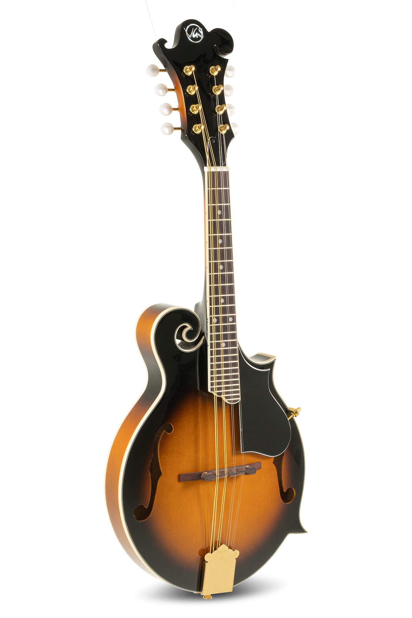 GEWA Mandolino F-1 Select - Tavola armonica in abete - Fondo/fasce in acero - Meccaniche dorate - Ponte regolabile in altezza - Incl. custodia Premium - Finitura lucida Vintage Sunburst