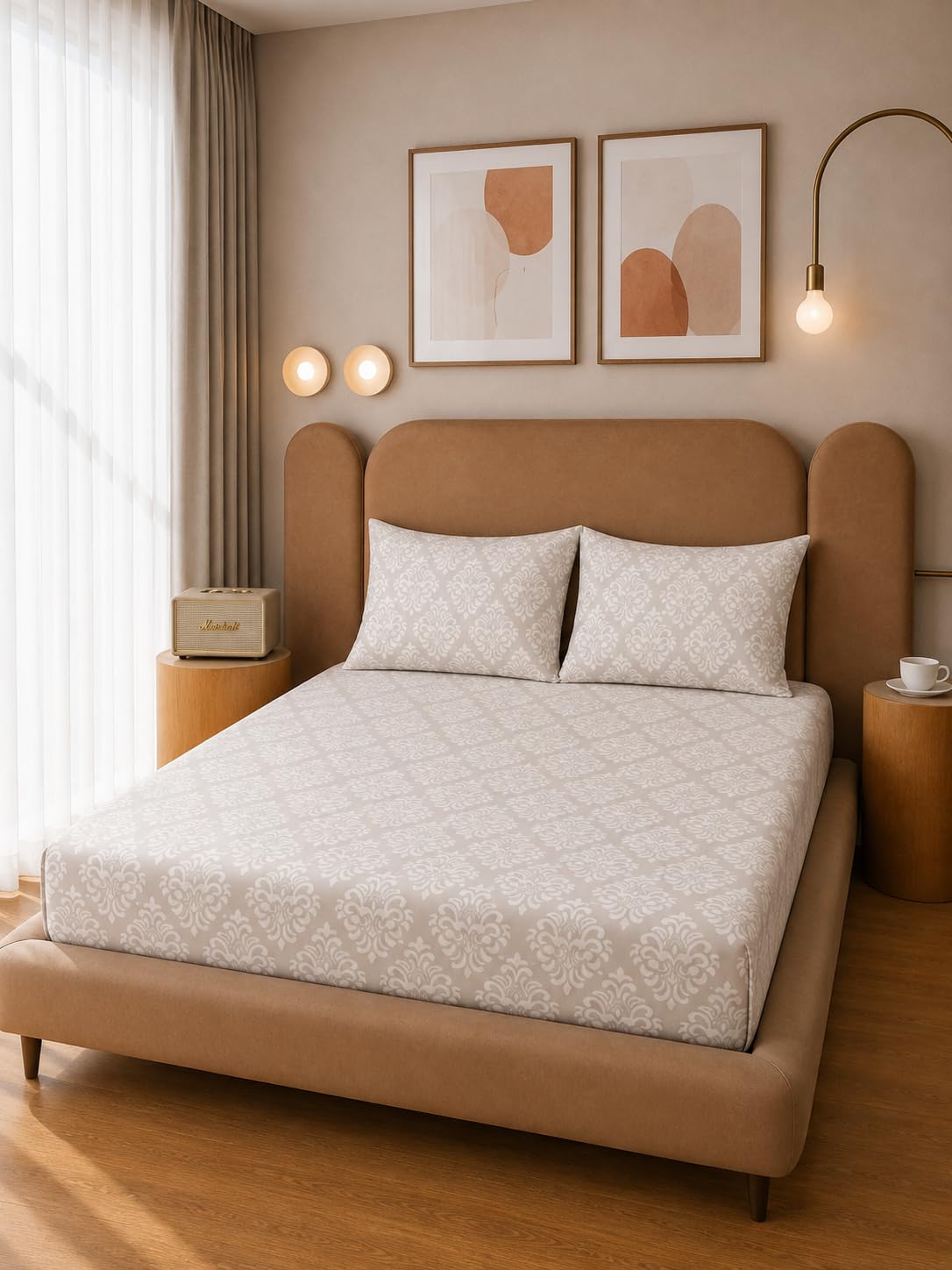THE HOME STYLE Cotton Feel Glace Cotton Elastic Fitted Printed King Size Double Bed Bedsheet with 2 Pillow Cover Fits Upto 8 Inches Mattress (72"x78", Vanilla Barocca)