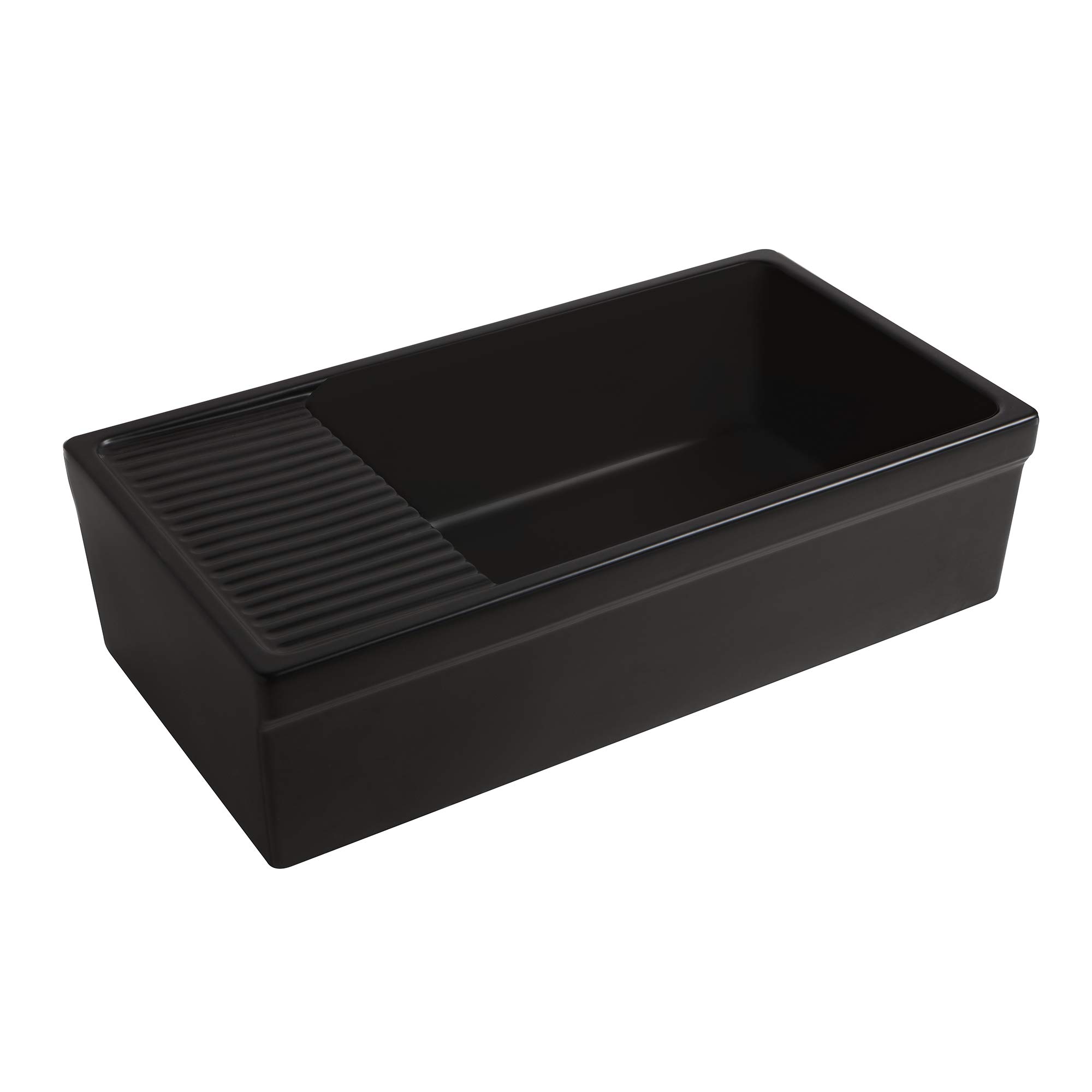 Whitehaus WHQD540-M-Black Farmhaus Fireclay Quatro Alcove Large Reversible Matte Sink with Integral Drainboard and Decorative 2 ½" Lip on Both Sides