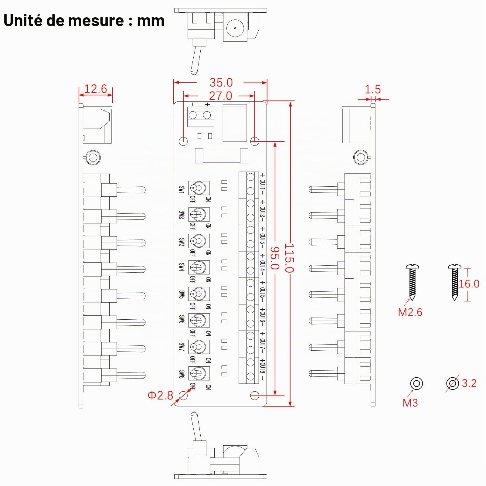 Evemodel 1 lot de 8 interrupteurs à bascule miniatures 3-24 V CC - Commutateur CC - Distributeur de courant - Multiprise - Panneau de distribution
