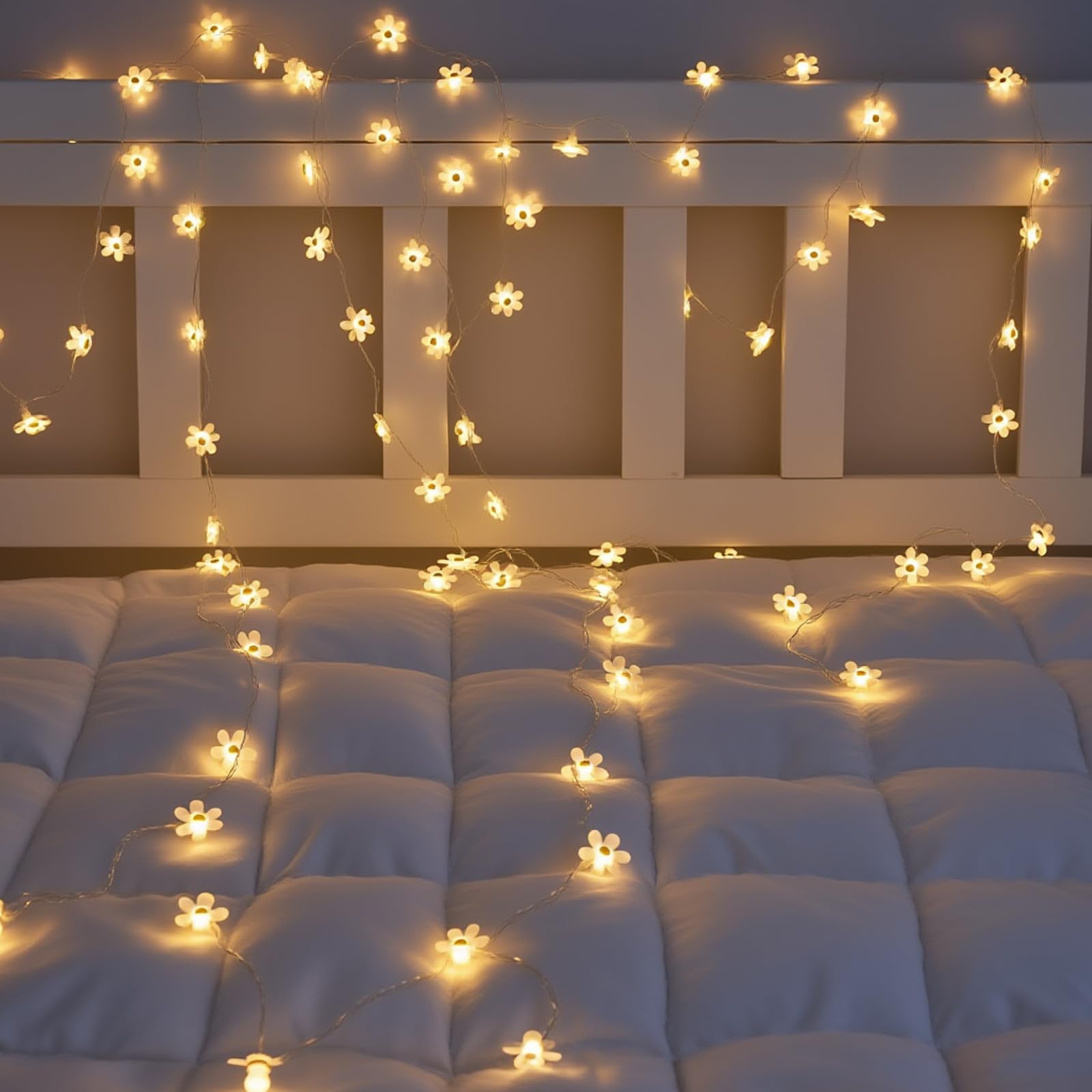 ALEGRE® łańcuch świetlny kwiaty na baterie, 2 m, 20 diod LED, łańcuch świetlny w kształcie kwiatów, łańcuch świetlny z miedzianego drutu w kształcie kwiatów, ciepła biel, świetlne kwiaty do wnętrz, na
