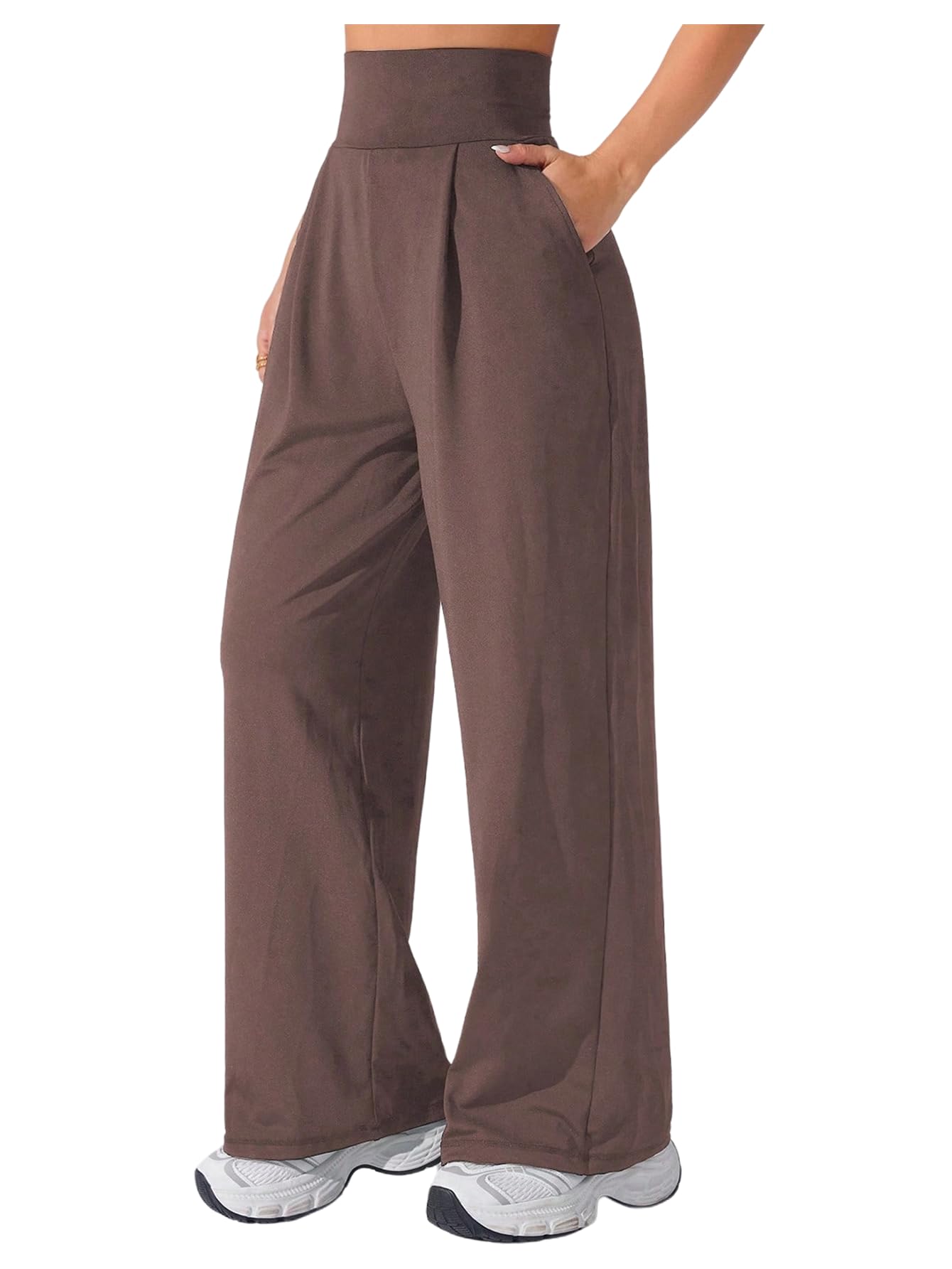 OYOANGLE Womens Wide Leg Yoga Pants Solid High Waist Lounge Pleated Dress Work Sweatpants with Pockets