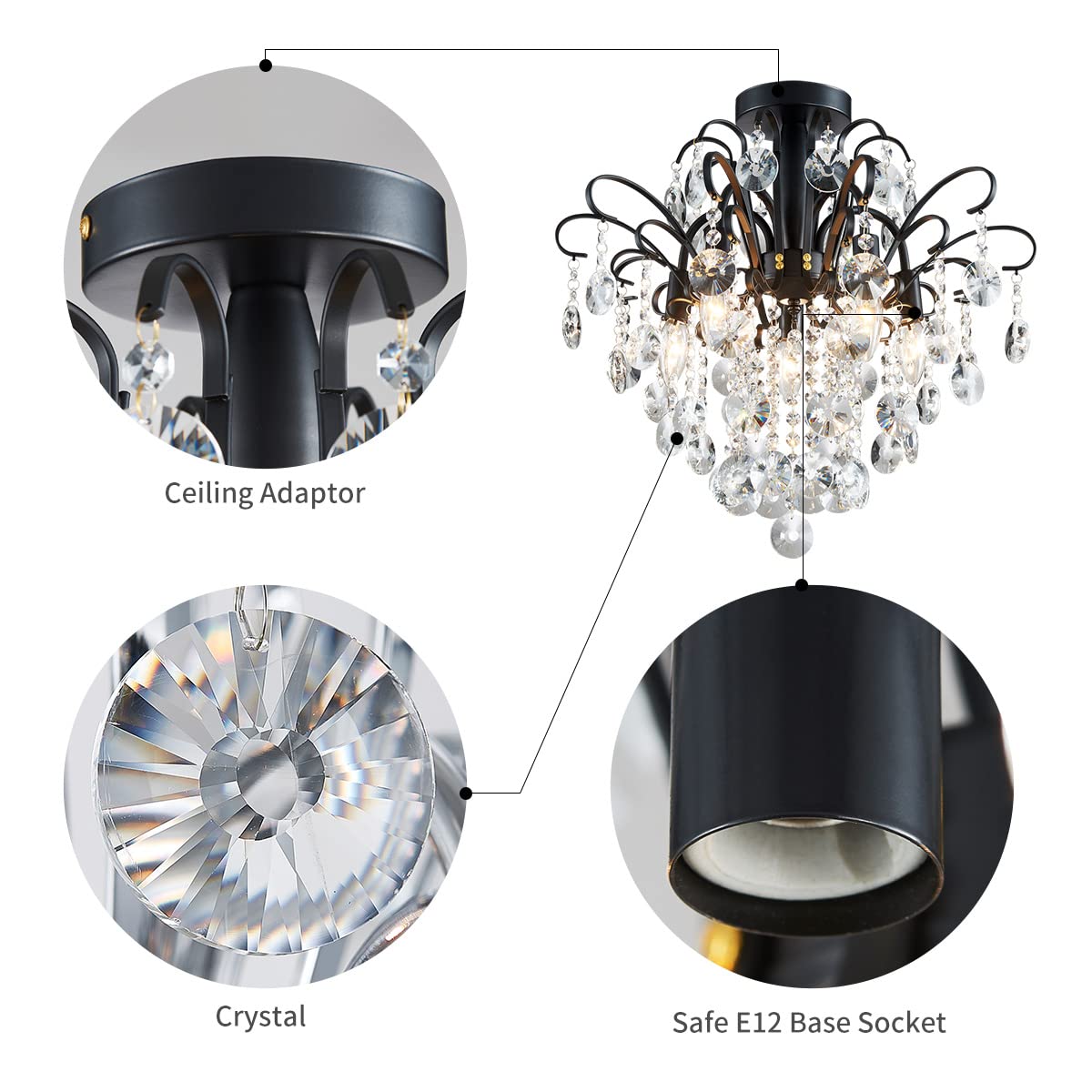 WUZUPS Crystal Chandelier Flushmount Ceiling Light Modern Lighting Fixture for Bedroom Hallway Bar Kitchen Bathroom, H 17.5'' x W 19.3'', E12 Base, Black