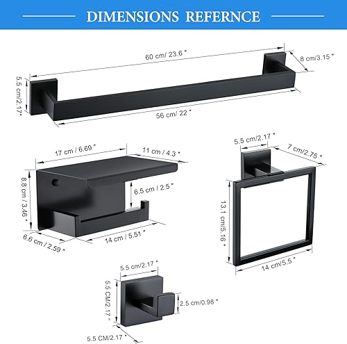 Miniatura 7 de TNOMS Juego de 6 piezas de accesorios de baño negros de 23.6 pulgadas, juego de toallero doble, toallero, anillo, gancho para abrigo y soporte para