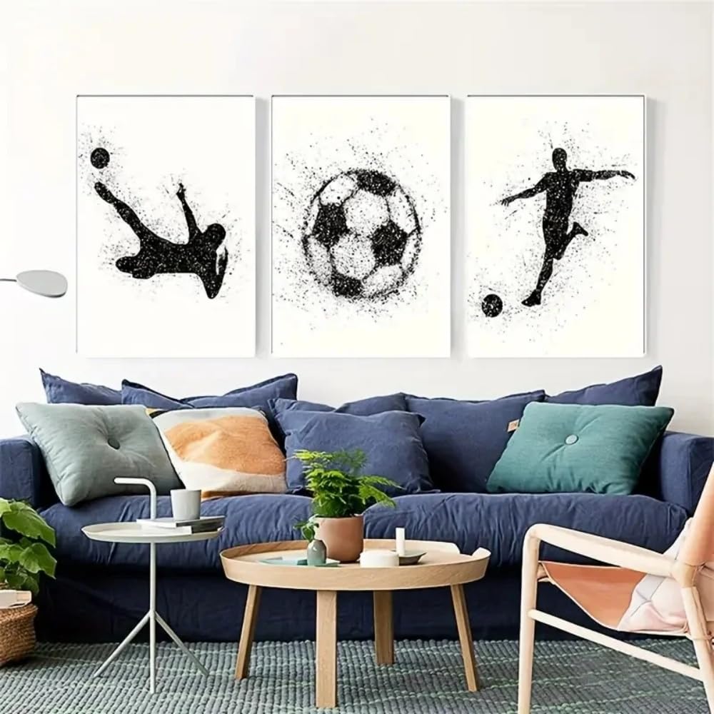 HURCP Set Of 3 Canvas Poster Modern Sport Football Shoot Goal Abstract Black White Simple Wall Art Prints Gift Bedroom Living Room Dorm Gallery Corridor Decor Picture,30x40 CM (11.8x15.8 In)