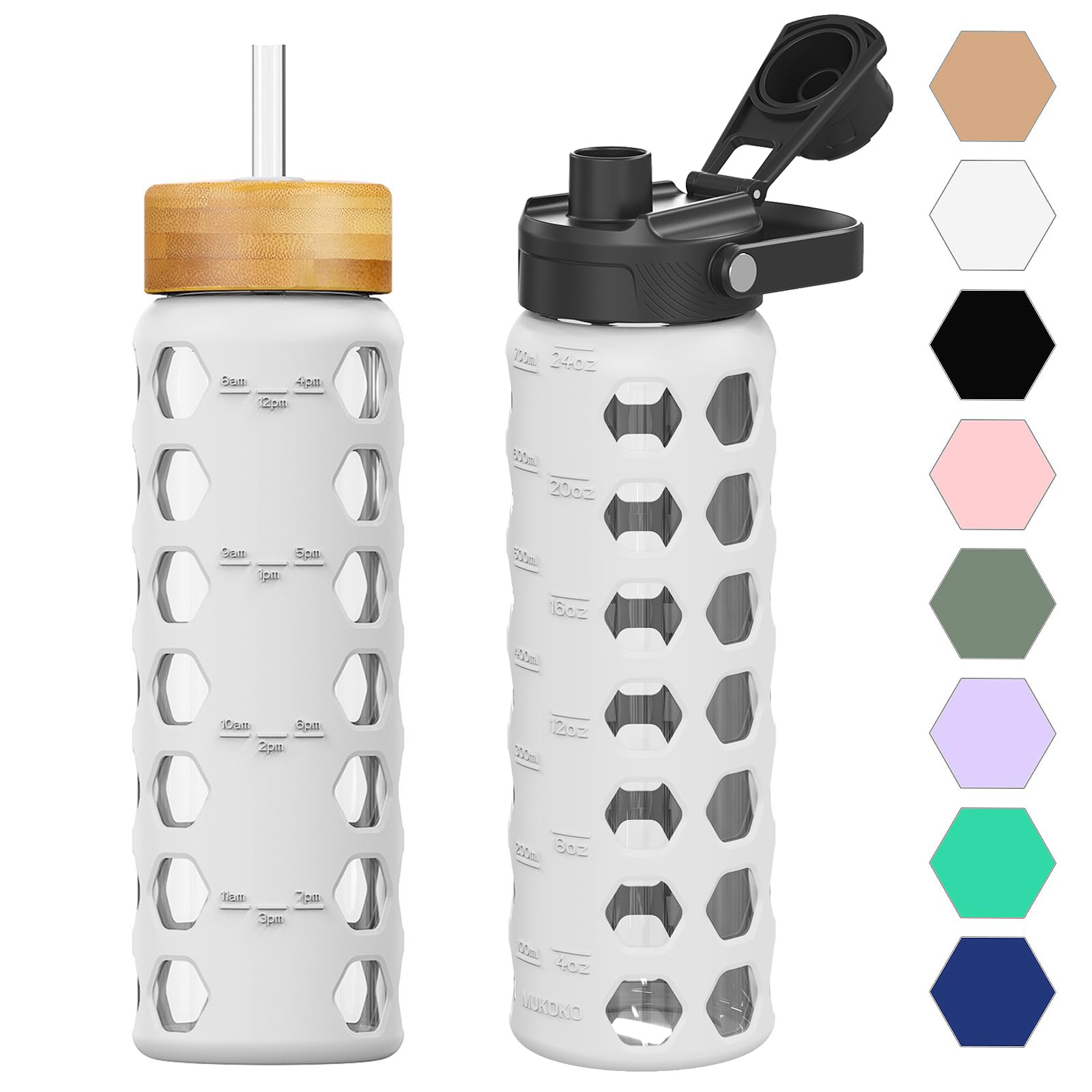 HYDRAGLAZIC 700ML Glaswasserflasche mit 2 Deckel Flip und Bambusstroh Deckel Sport Wasserbecher mit Zeiterinnerung und Silikonhülle Auslaufsicher BPA-frei, Weiß