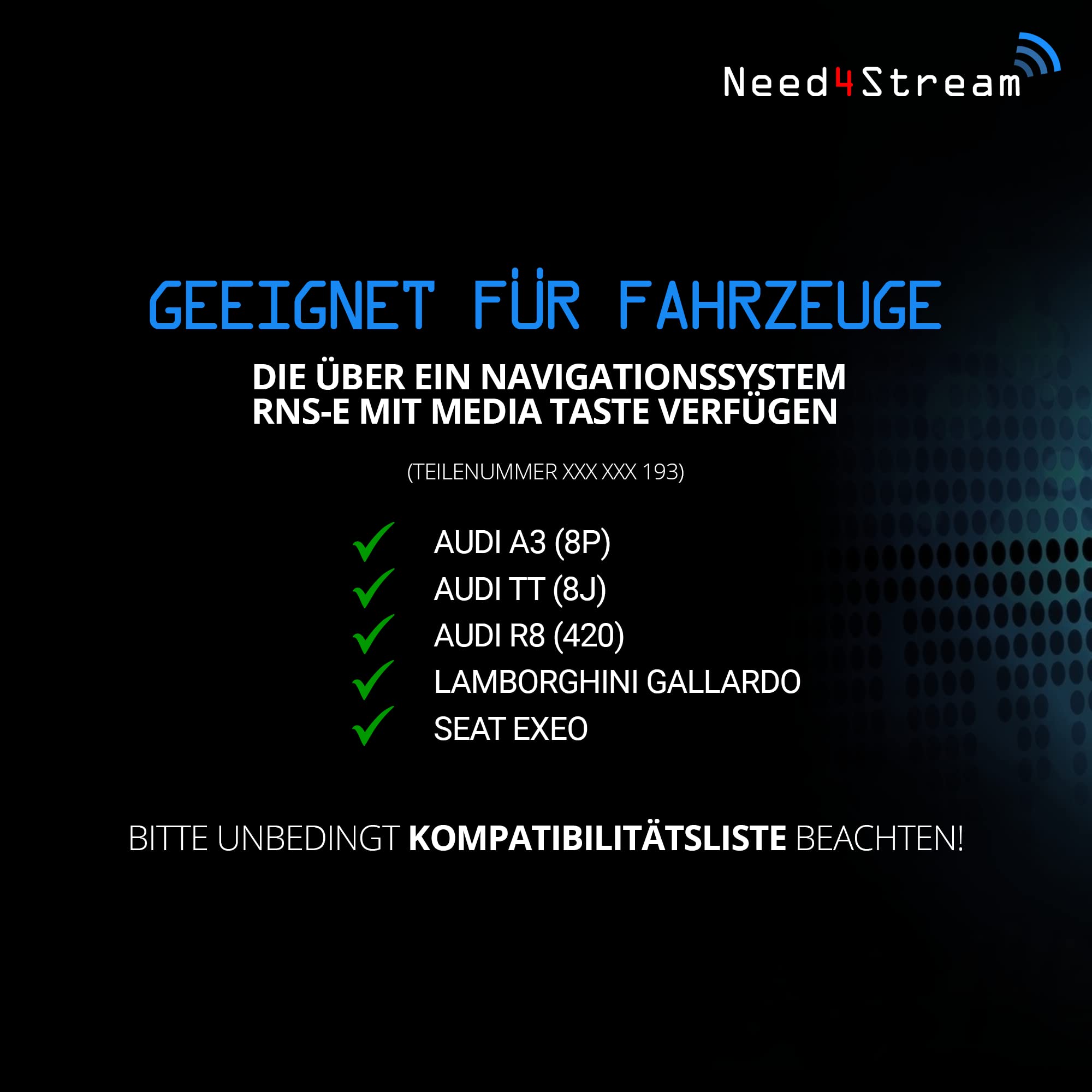 N4S74094 Bluetooth Adapter Auto mit Titelanzeige für RNS-E, Audio Adapter kompatibel mit Audi A3 (8P), Audi TT (8J), Audi R8 (420), Lamborghini Gallardo, Seat Exeo, iPhone und Android