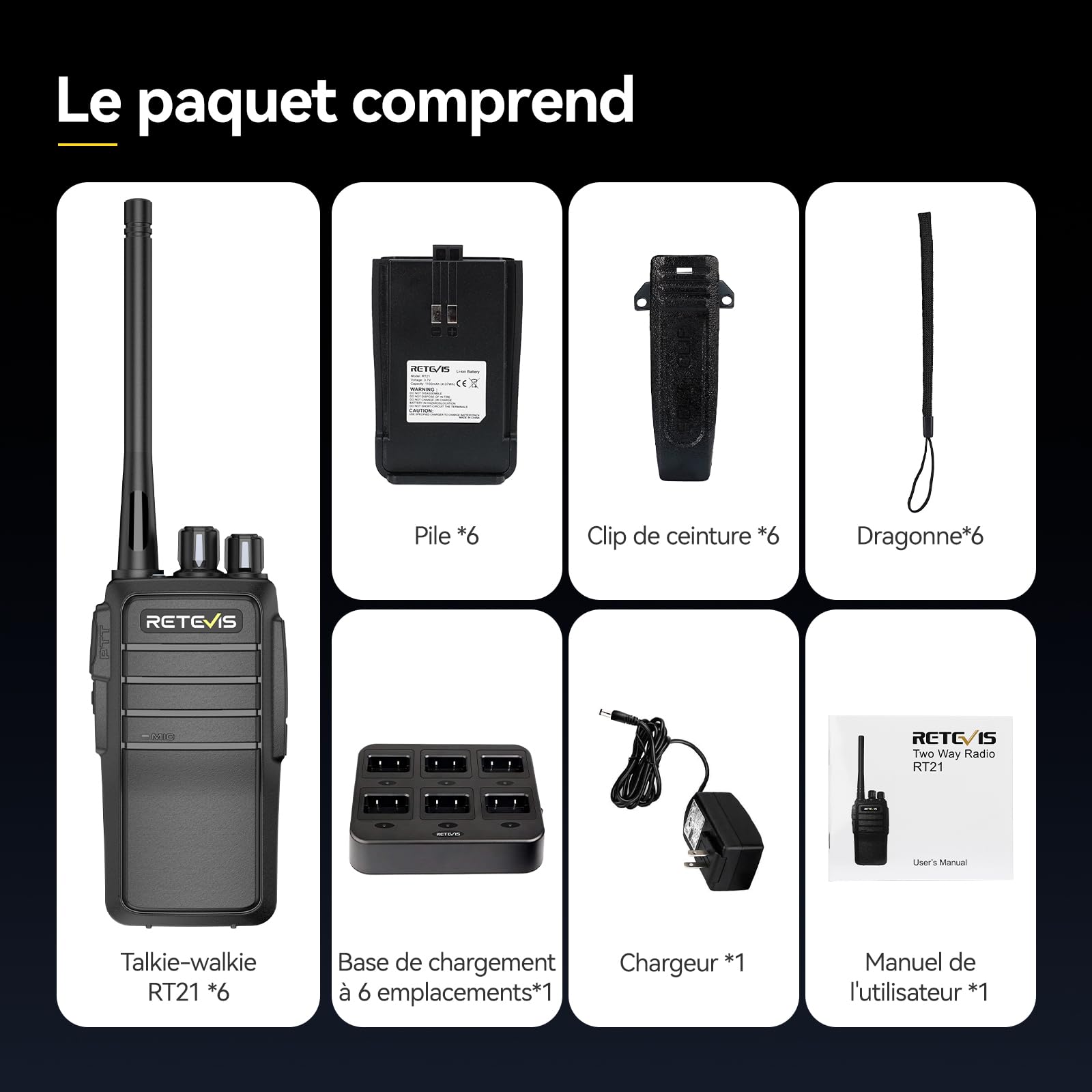 Retevis RT21 Talkie Walkie Longue Portée, Professionnel Talkie Walkie Rechargeable avec Chargeur 6 Voie, Squelch, PMR446 sans Licence, Robuste Radio pour Construction, Sécurité (Noir, 6PCS)