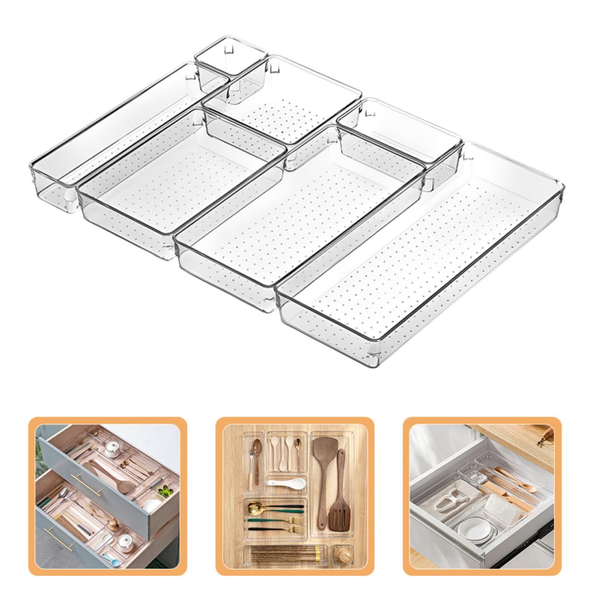 TEHAUX Set Organizer per Cassetti Multiuso in Pet Trasparente Divisori di Varie Dimensioni, per Piccoli Oggetti e Cancelleria in Casa e Ufficio