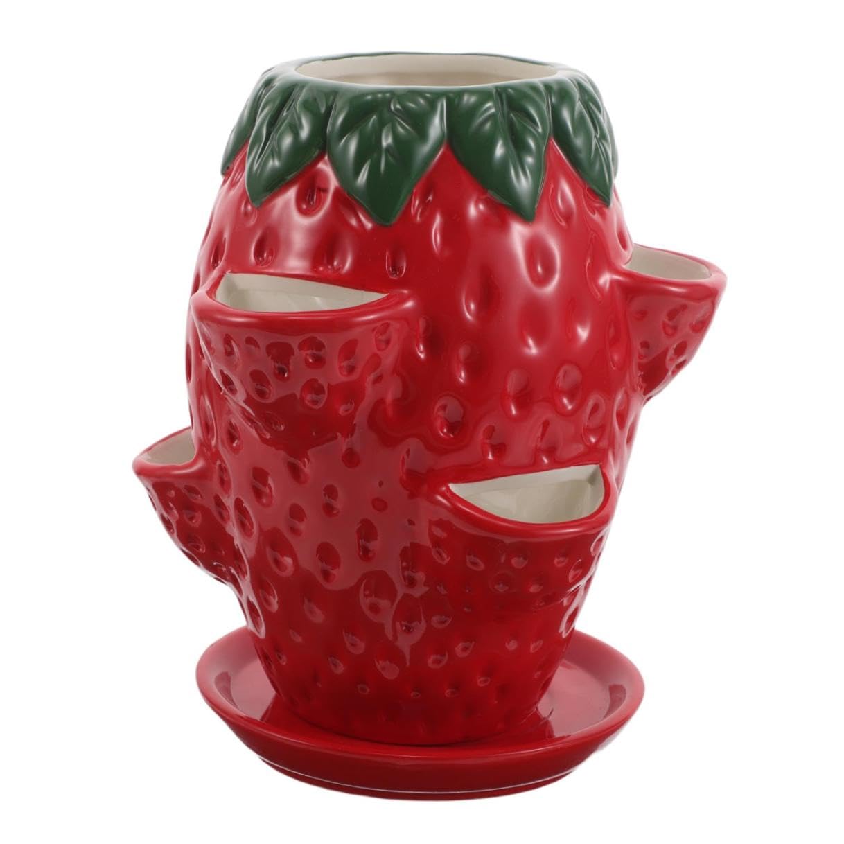 Vaso Ceramica a Forma di Fragola Rosso per Piante Grasse | Disegno Multiapertura, Completo di Sottovaso, Adatto per Orchidee e Composizioni Decorative