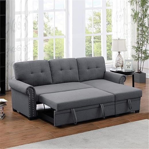 Alexent 3-Seat Classic Modern Fabric Sleeper Sectional Sofa Bed with Pull-Out Bed, Storage Chaise Lounge, Space Saving for Apartment, Living Room, Home Office, Guest Room -Dark Grey