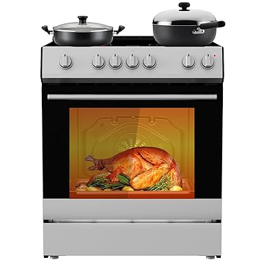 30-Inch Electric Freestanding Range with 5.0 Cu.Ft Convection Oven, 4 Burners - In Stainless Steel, Smooth Glass Top, Timer, High-Efficiency, Easy Reach Rack, Silver