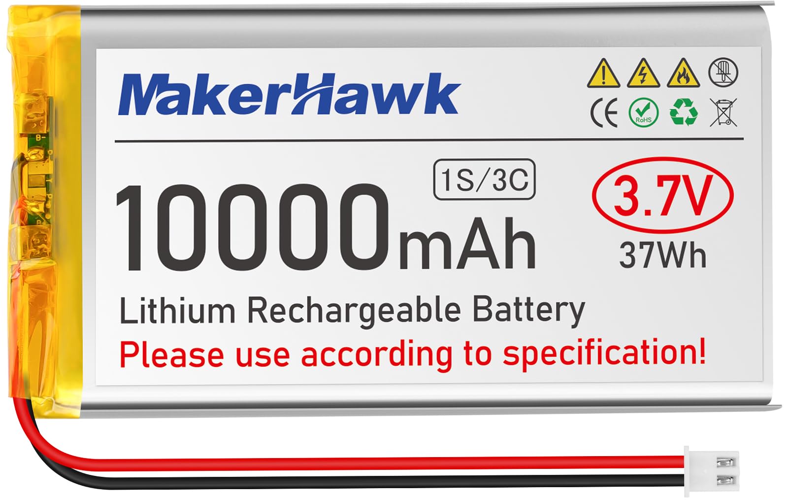 MakerHawk 3.7V LiPo Battery 10000mAh 1163115 Rechargeable 1S Polymer Battery with Protection Board Insulated Rubber Tape, PH 2.54 Connector for Raspberry Pi Arduino ESP32 Development Board (1 Pack)
