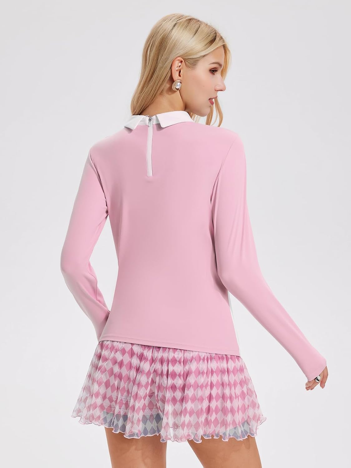 Women's 2 Piece Tennis Skirt Set Long Sleeve Color Block Collared Top & Pleated Skort with 4 Pockets Golf Pickleball Athletic - Image 2