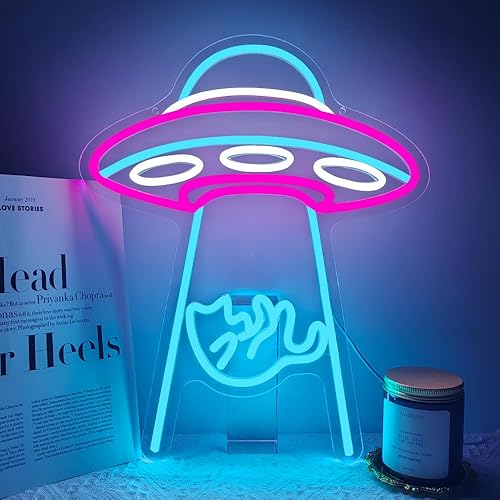 Miniatura 7 de Cartel de neón OVNI, gato OVNI, nave espacial, viaje espacial, luz de neón, luz de neón, astronomía, diversión, sala de juegos, hombre, cueva,