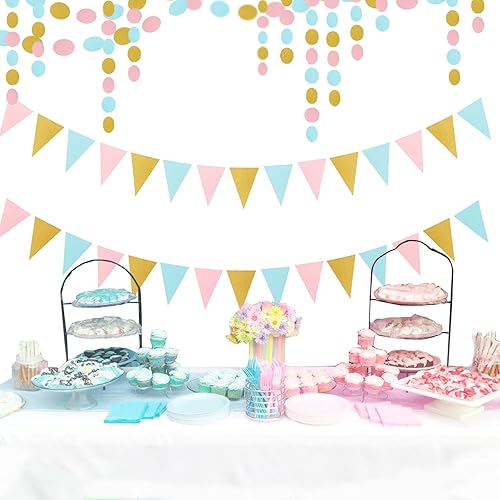 Miniatura 5 de Decoraciones de fiesta de oro azul, rosa y dorado, revelación de género, guirnalda de serpentinas de papel de 52 pies, decoración colgante,