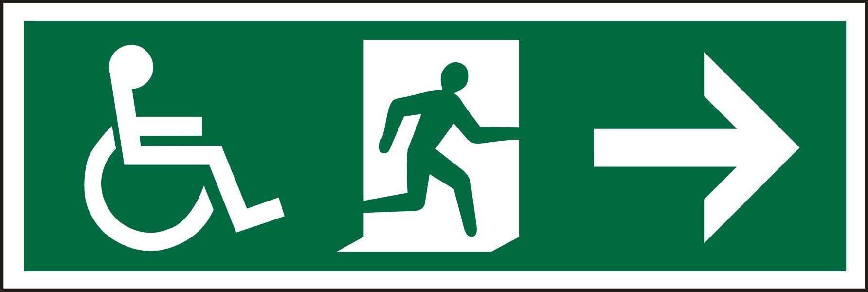 Seco DDA Fire Exit - Wheel Chair, Man Running Right, Arrow Pointing Right Pictogram Sign, 450mm x 150mm - 1mm Semi Rigid Plastic