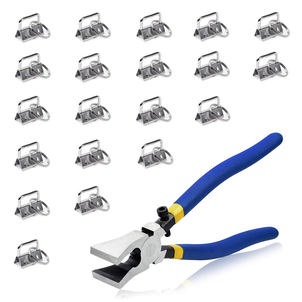 Speedwox White Nickel 20 Sets Key Chain Fob Hardware Set With Split Rings Key Fob Pliers Glass Breaking Pliers Tools For 1 Inch Webbing Fabric Strapping Wristlet Key Fob