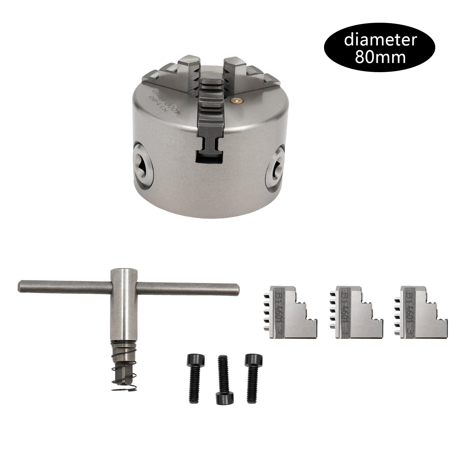 Mandrino di precisione a 3 ganasce per tornio, Mandrino a 3 ganasce per banco tornio, Mandrino per tornio adatto per tornio per lavorazione del legno, Piccola macchina utensile in metallo Ø80mm