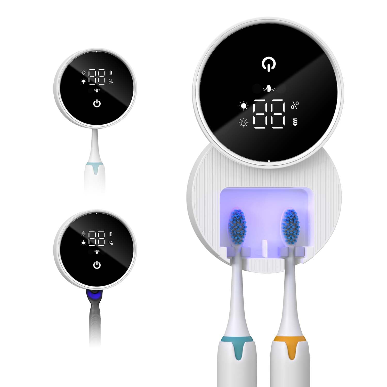 Sanitizer e supporto per spazzolino da denti UV, disinfettante per spazzolino da denti da parete con funzione di sterilizzazione e asciugatura, schermo intelligente a LED, copertura auto-induttiva