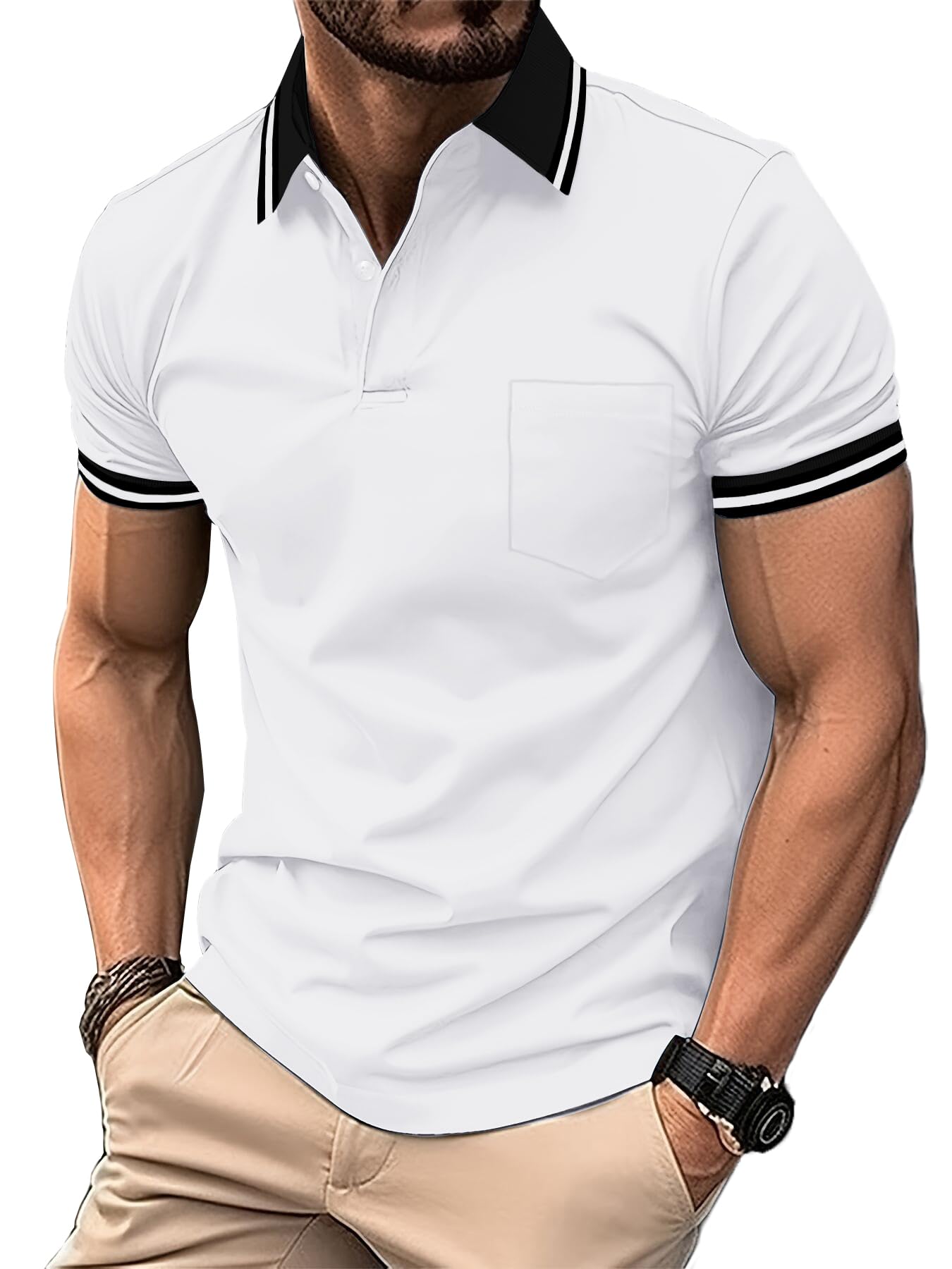 ZITY Mens Polo Shirts Casual Short Sleeve Athletic T-Shirts Classic Contrast Collar Shirt with Pocket