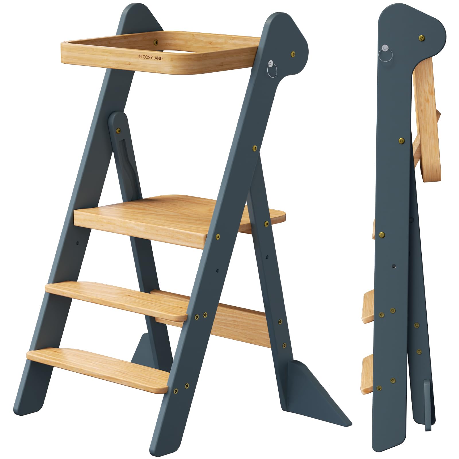 Cosyland Foldable Toddler Step Stool For Kitchen - If Design Awarded Space Saving Toddler Standing Tower With Protective Net - Height Adjustable Kids