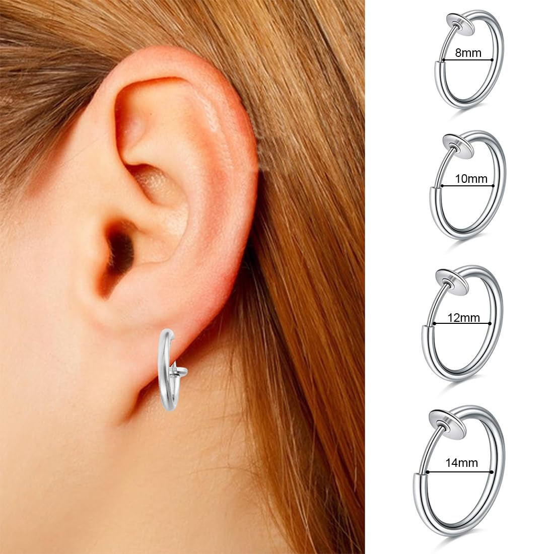 Ear Cuff Orecchini Donna, Uomo Donna Acciaio inossidabile Cuff e Wrap Cerchio da 8 mm Argento