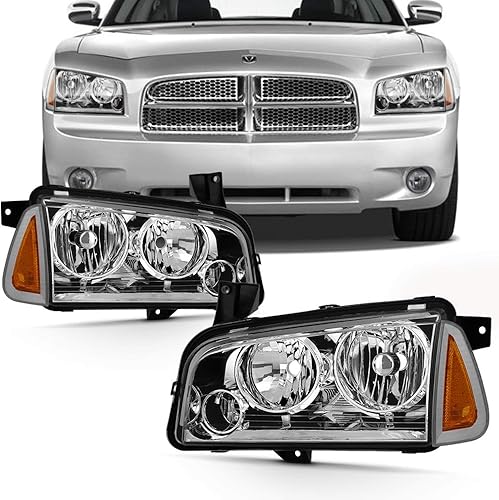 AKKON - Compatible con Dodge Charger 2006-2010 estilo halógeno faros delanteros cromados izquierdo + par de faros delanteros Ritght