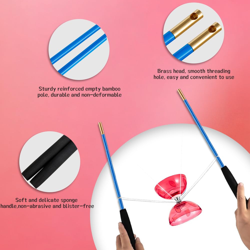 SKIKHN Diábolo LED con rodamiento de bolas, 3 rodamientos con palos y cuerda, juego de malabares para principiantes, con 2 pares de palos de mano + 4 cuerdas de repuesto, para interiores y exteriores — view 4