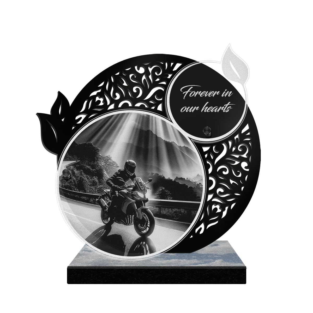 ETERNEL - Personalized Lace Memorial Plaque - Biker, Motorcycle, Rider - Customizable text, laser-engraved memorial plaque for tribute, tombstone, mortuary, funeral, mourning