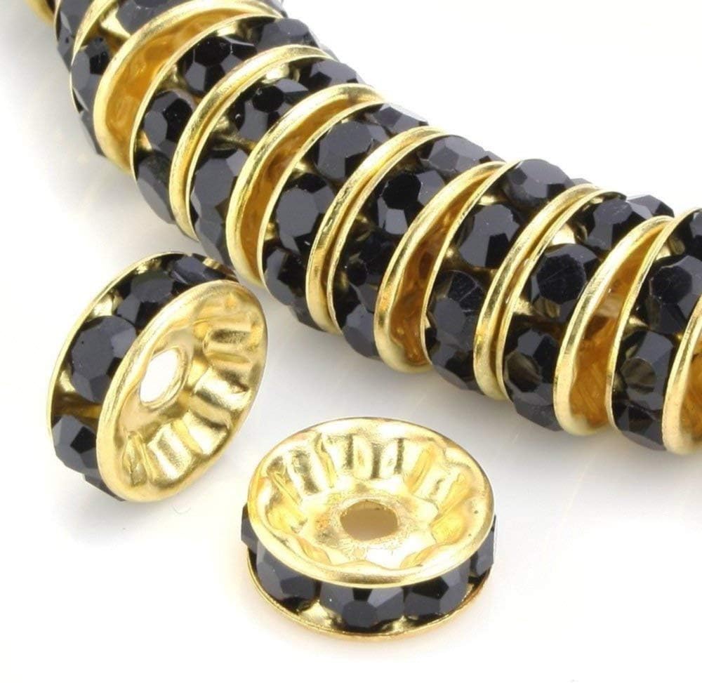 100pcs Adabele AAA Grade 12mm (0.47 Inch) Gold Plated Brass Rondelle Spacer Round Loose Beads Jet Crystal Rhinestone for Jewelry Crafting Making CF4-1223