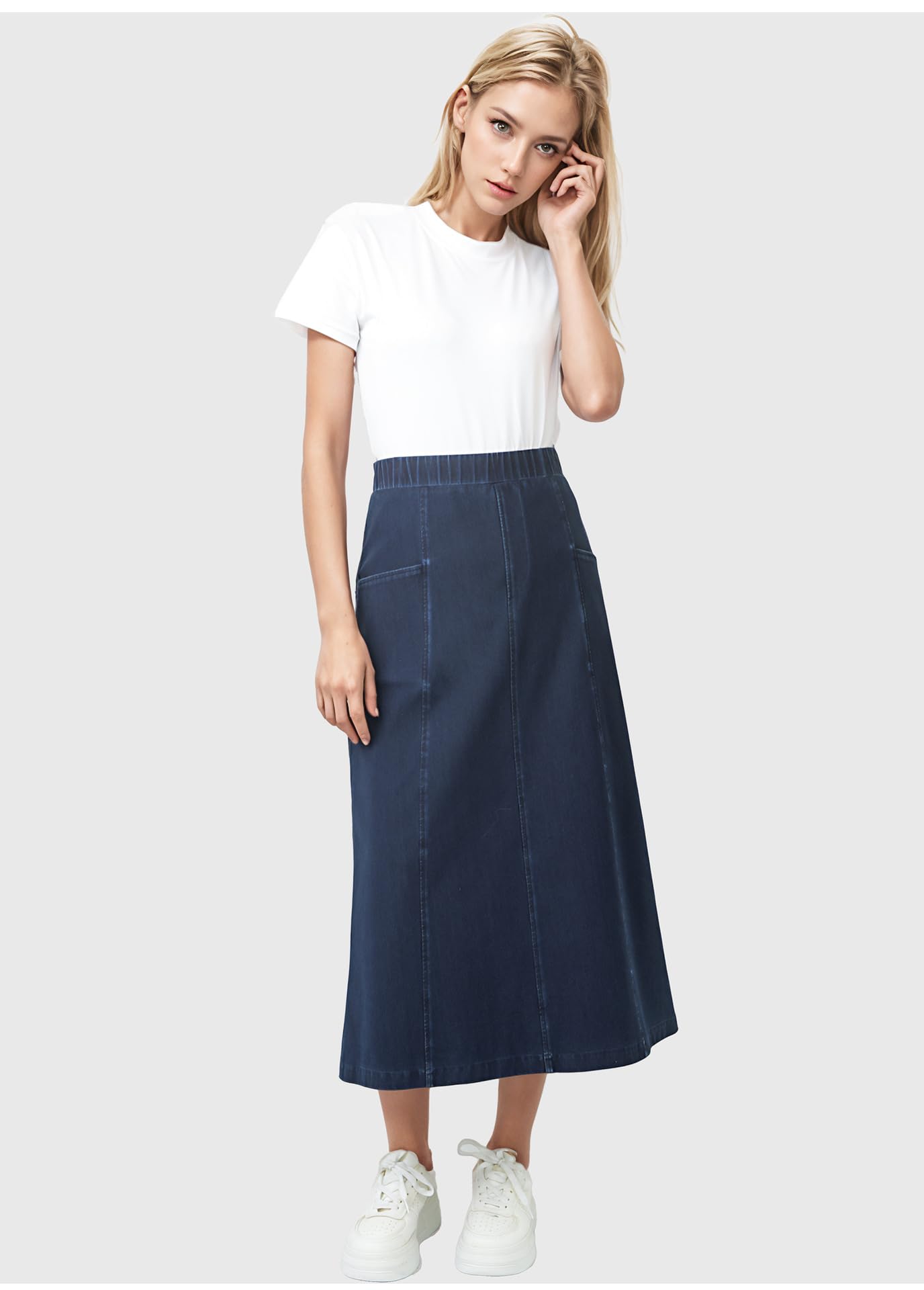 Faldas Vaqueras para Mujer, Denim Azul Lavado, Cintura Alta Elástica, Bolsillos Laterales, Faldas Midi De Corte A, Verano, Informal, Diario, para Salir, Elegantes, Parte Inferior