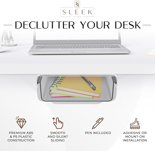 Miniatura 3 de Sleek Stash Paquete de 2 organizadores de cajones para debajo del escritorio, deslizables, accesorio adhesivo para cajón de escritorio con bolígrafo
