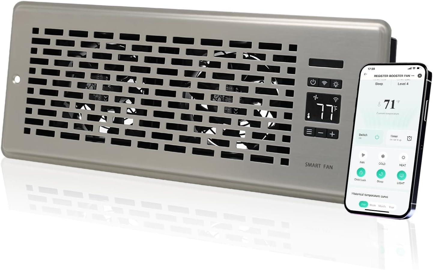 Register Booster Fan for 4" x 12" Register Holes, Quiet Vent Fan Booster with Intelligent Thermostat, Improves Heating Cooling, App Control, 10-Speeds, Manhattan Smart Register Vent, SN 4 x 12 inches Satin Nickel