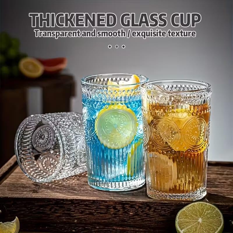 Image of PrimeWorld 6pcs Vintage Drinking Glasses Set - 350ml Highball Glasses & Embossed Ribbed Glassware Cups | Perfect for Thanksgiving, Cocktails, Juice, Coffee & Whiskey | Elegant & Durable Drinkware