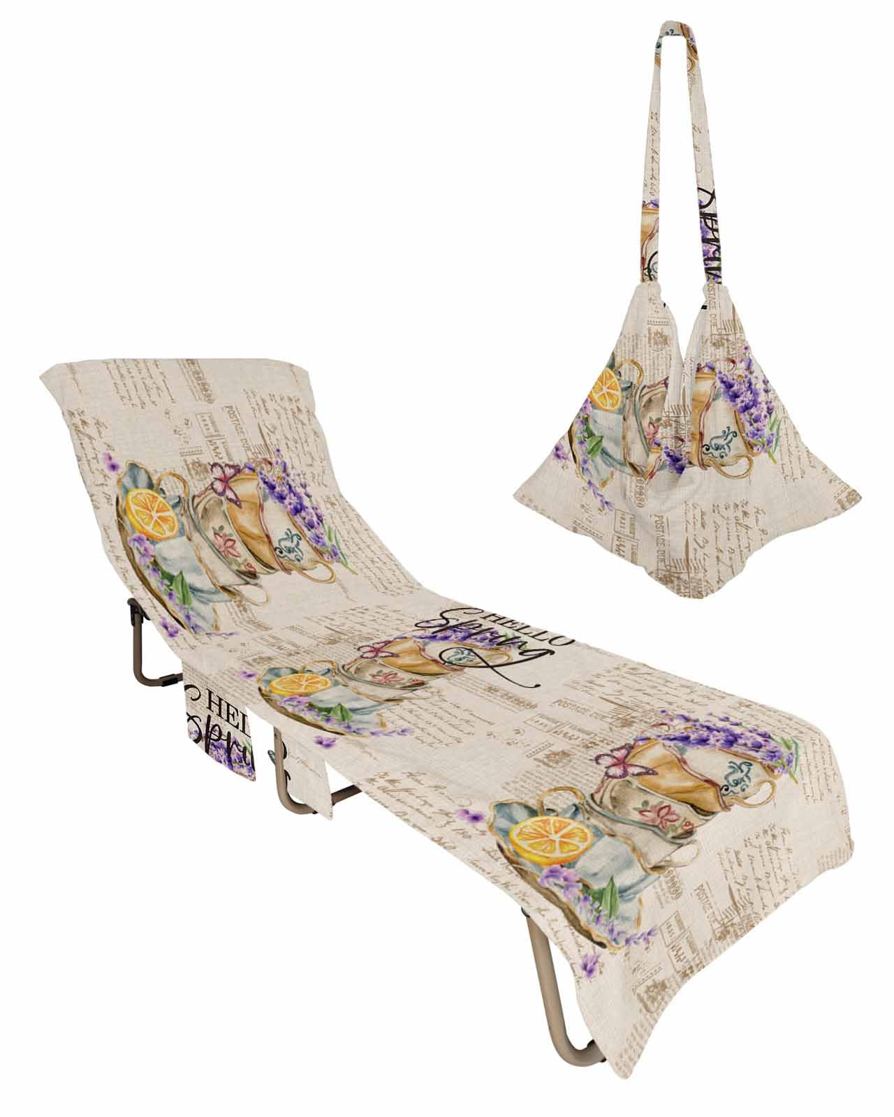 Lavender Flowers Beach Chair Towel Covers for Chaise Lounge with Side Pocket, Soft Plush Pool Towels Cover for Patio Sunbathing Outdoor Vintage Brown Teacup Spring Summer Lemon 29''x85''