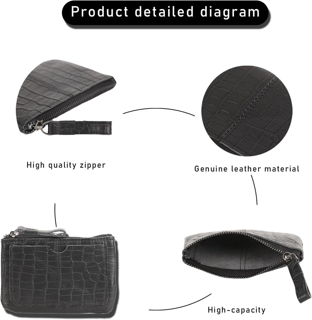 Mini Genuine Leather Coin Purse Keychain Pouch Zipper Wallet Small Money Bag for Men Women (Black)