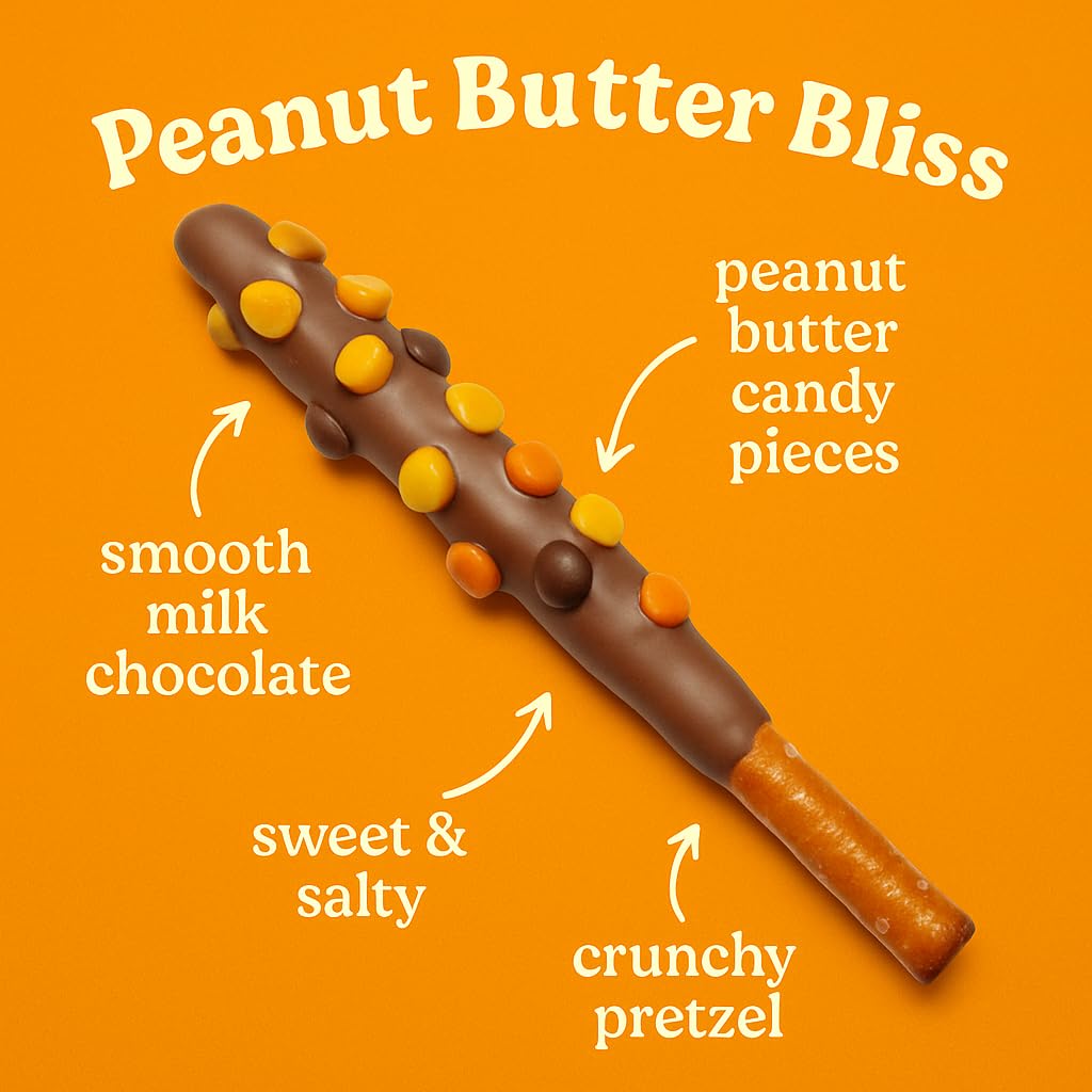Chocolate Covered Pretzel Rods 20 Pack Gourmet Variety Gift Toffee, Chocolate Chip, Peanut Butter Candy, Candy Crunch Individually Wrapped