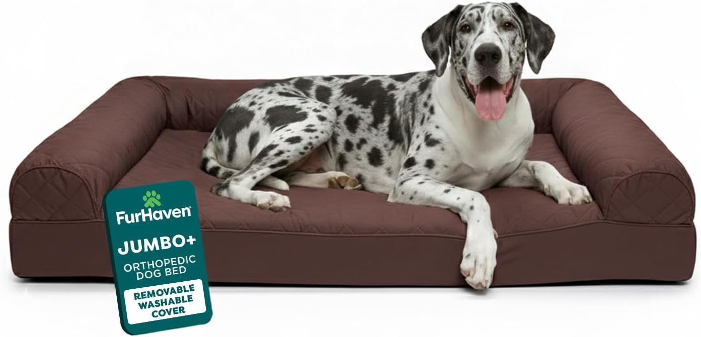 Furhaven Orthopedic Dog Bed for Large Dogs w/ Removable Bolsters & Washable Cover, For Dogs Up to 125 lbs - Quilted Sofa - Coffee, Jumbo Plus/XXL