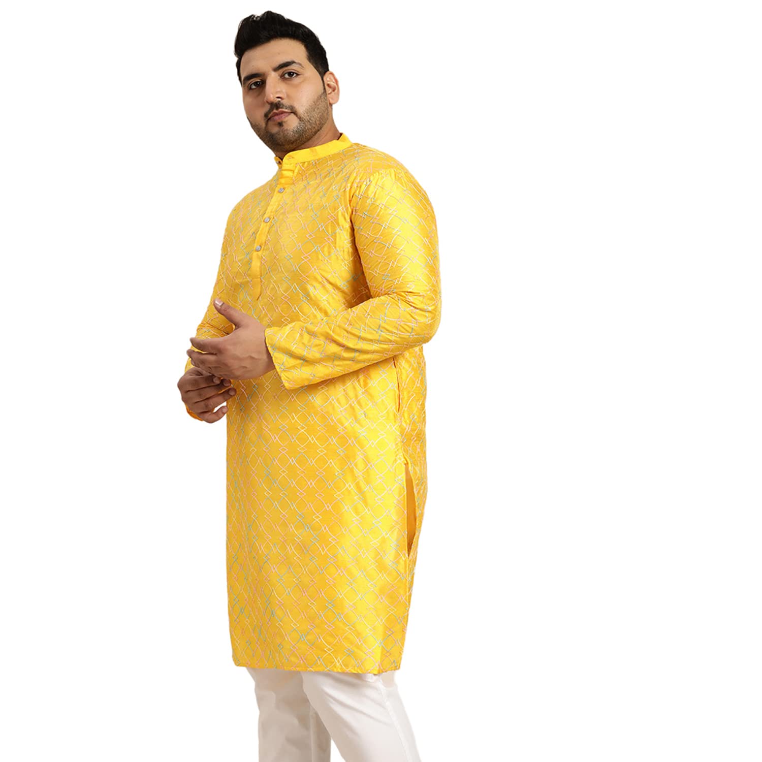 Sojanya Plus (Since 1958) Men's Mustard Silk Blend Long Kurta With Multi Color Embroidery