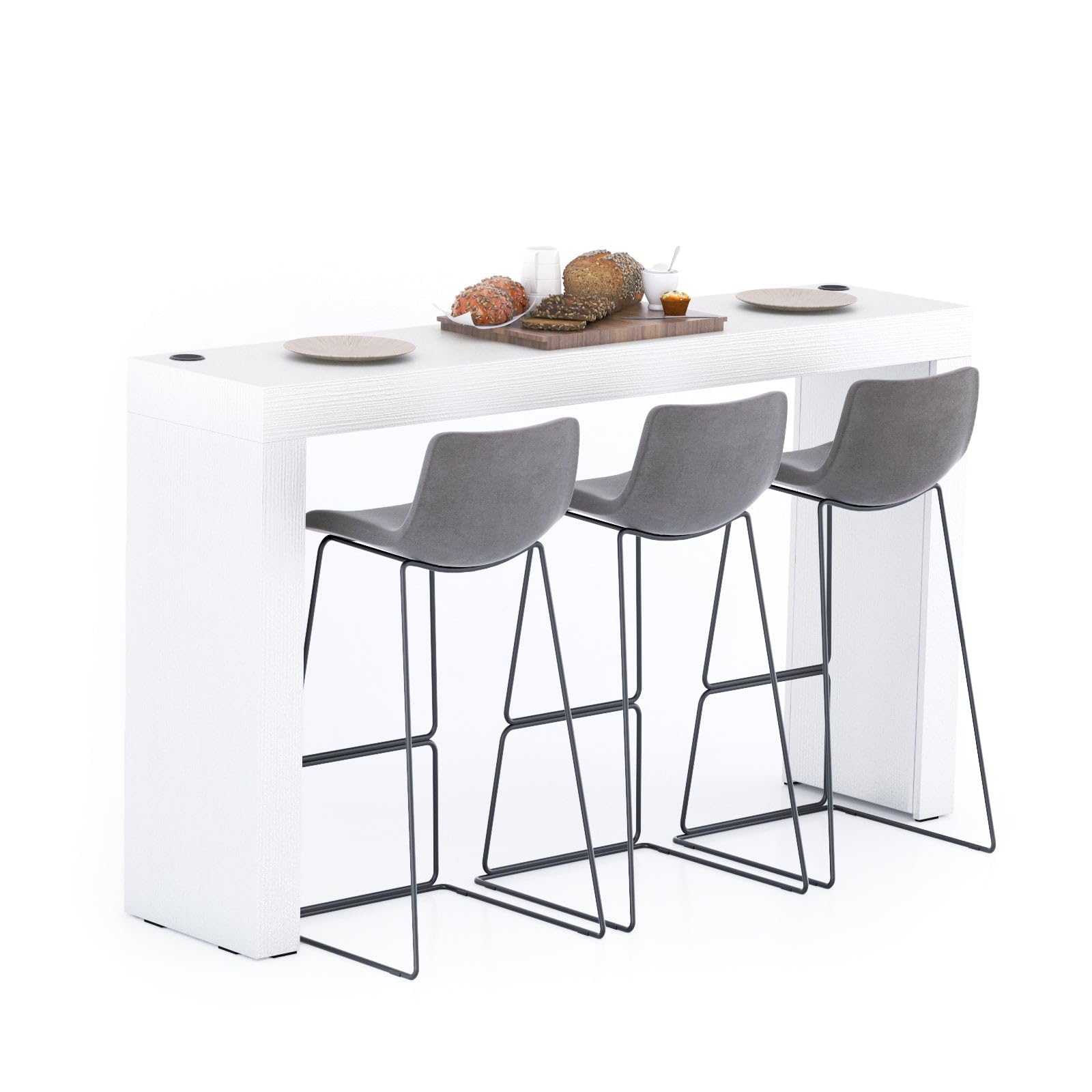 MOBILI FIVER, Mesa Alta Evolution 180x40, Fresno Blanco con Dos Patas y Cargador inalámbrico, Mesa Auxiliar de Cocina para 3 Personas, Made In Italy