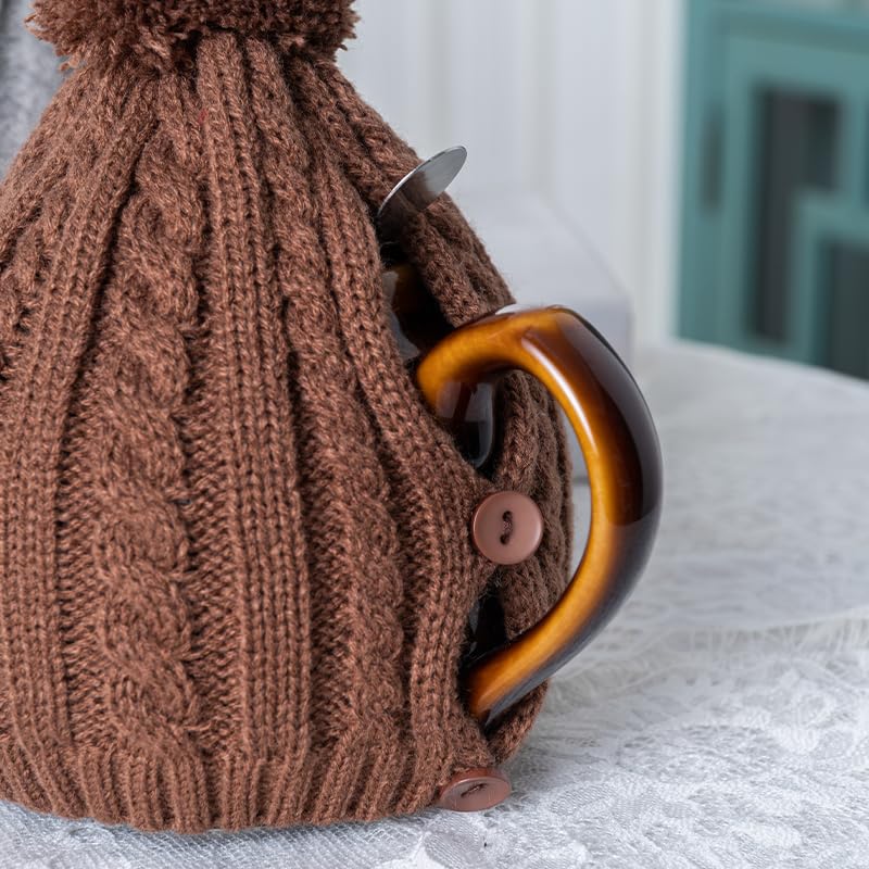 Image of One-Piece Cable Knit Teapot Cozy with Pom Pom Top, Acrylic Insulated Tea Pot Cover with 2 Button Fasteners & Lid Opening, British Style Hot Cold Insulator for 2 Cup 15-20oz Teapots,brown