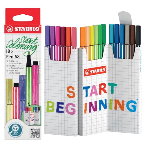 STABILO Rotulador premium Pen 68 - Estuche de carton en zigzag con 18 colores